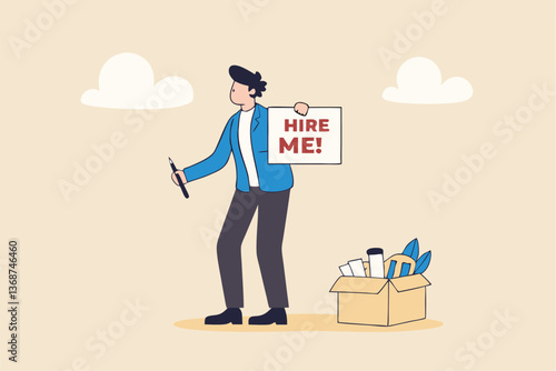 Hire me looking for job, unemployed or layoff employee, candidate searching for new work career, job seeker or applicant find vacancy concept, unemployed businessman holding sign hire me to employer.