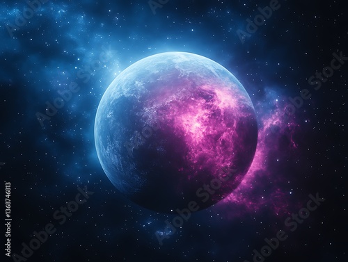 Glowing planet in nebula.