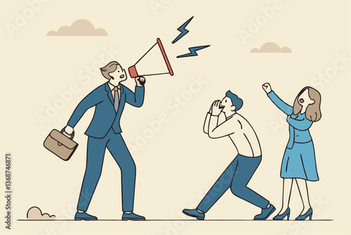 Shouting warning message, caution or alert attention, safety or danger announcement, risk or important information, beware or careful sign, businessman shouting on megaphone with exclamation sign.