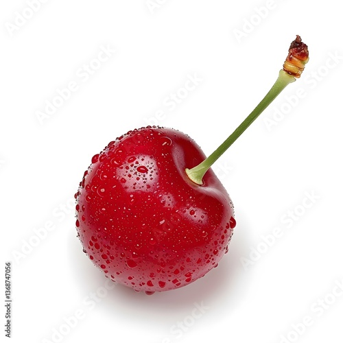 Single cherry with stem and water droplets isolated on white background. Studio food photography. Fresh fruit and healthy eating concept. Design for poster, banner, print. Macro shot

