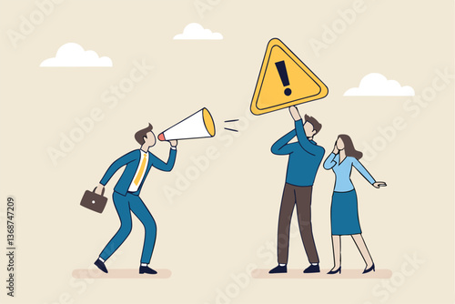 Shouting warning message, caution or alert attention, safety or danger announcement, risk or important information, beware or careful sign, businessman shouting on megaphone with exclamation sign.