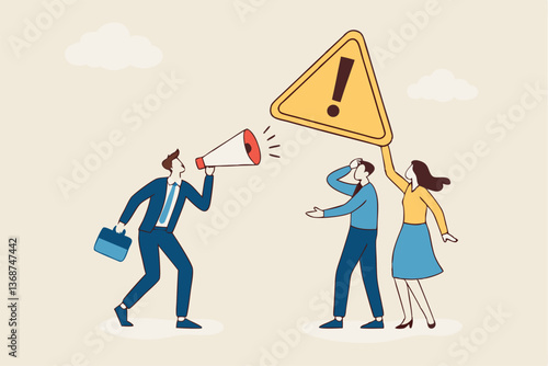 Shouting warning message, caution or alert attention, safety or danger announcement, risk or important information, beware or careful sign, businessman shouting on megaphone with exclamation sign.