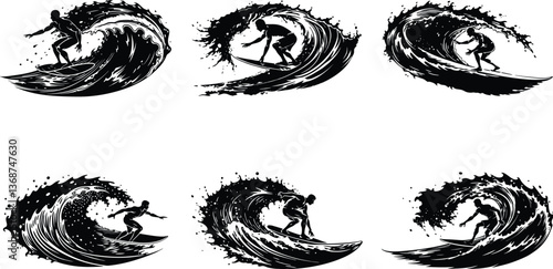 Surfing Silhouette Set Black and White Water Wave with Surfer Riding the Crest