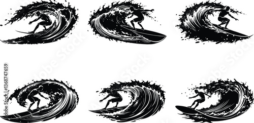 Surfing Silhouette Set, Six Black Waves with Surfers, Aquatic Sport Art, Action Design