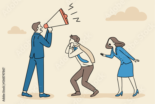 Shouting warning message, caution or alert attention, safety or danger announcement, risk or important information, beware or careful sign, businessman shouting on megaphone with exclamation sign.