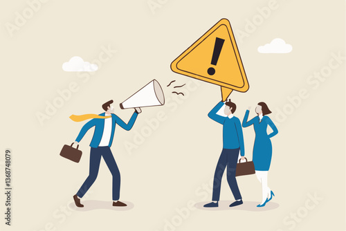 Shouting warning message, caution or alert attention, safety or danger announcement, risk or important information, beware or careful sign, businessman shouting on megaphone with exclamation sign.