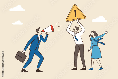 Shouting warning message, caution or alert attention, safety or danger announcement, risk or important information, beware or careful sign, businessman shouting on megaphone with exclamation sign.