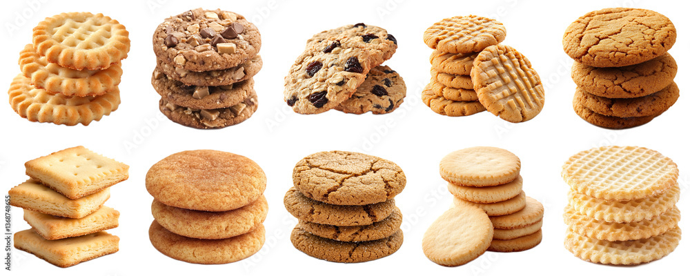 A Variety of Delicious Biscuits Displayed in Neatly Stacked Arrangements with Different Textures, Shapes, and Colors for an Inviting Dessert Presentation. Piquant food set. A Variety of Delicious Biscuits Displayed in Neatly Stacked Arrangements with Different Textures, Shapes, and Colors for an Inviting Dessert Presentation. Piquant food set.