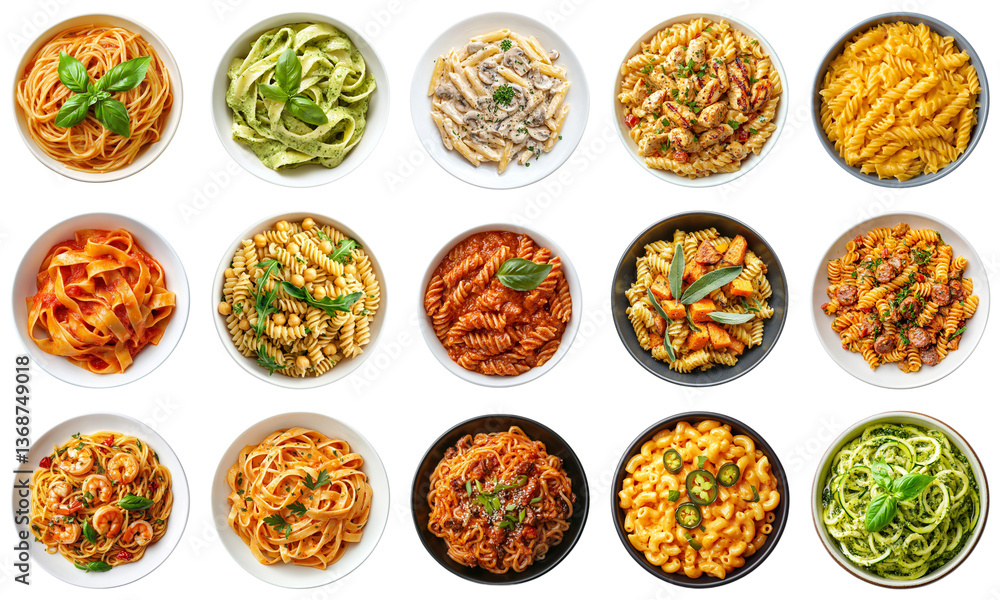 A Stunning Array of Various Italian Dishes Featuring Pasta Varieties, Unique Ingredients, and Vibrant Colors on White Background. Piquant food set. A Stunning Array of Various Italian Dishes Featuring Pasta Varieties, Unique Ingredients, and Vibrant Colors on White Background. Piquant food set.