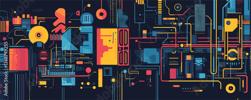 Futuristic circuitry with geometric patterns in vibrant colors - vector