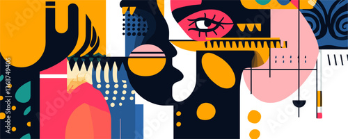 Abstract modern art with colorful geometric shapes and human face elements - vector