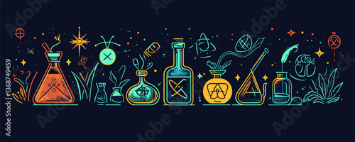 Magical potion bottles and alchemy tools seamless pattern on dark background vector