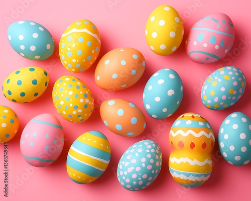 Colorful Easter eggs on pink background.