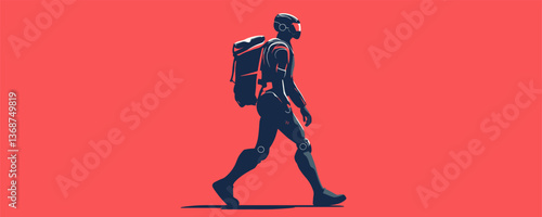 Futuristic humanoid robot walking with backpack on red background - vector
