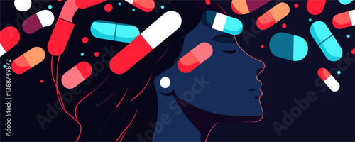 Woman with pills floating around her head in dreamy abstract design vector
