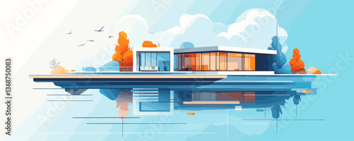 Modern lakeside house with autumn trees and cloudy sky – vector