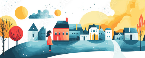 Idyllic autumn village scene with person and trees under sun and clouds, vector