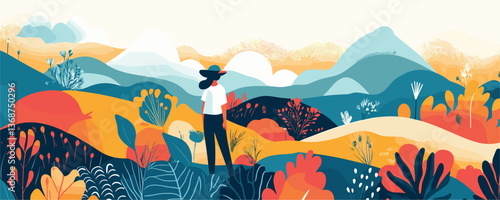 Woman admiring scenic colorful landscape with mountains and plants, nature art vector