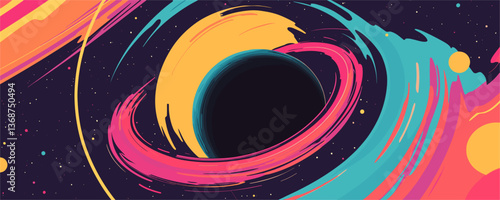 Abstract cosmic swirl with colorful galactic spirals and stars on dark background, vector