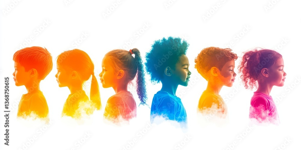 Integration between children with different cultures and races. Childhood. Multicultural kindergarten. Group of different children profile silhouette isolated. Community of multi-ethnic Integration between children with different cultures and races. Childhood. Multicultural kindergarten. Group of different children profile silhouette isolated. Community of multi-ethnic