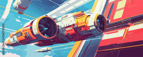 Futuristic spacecraft docking at space station in vibrant sci-fi setting - vector