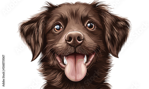 Happy brown dog with tongue out and fluffy fur close-up - vector