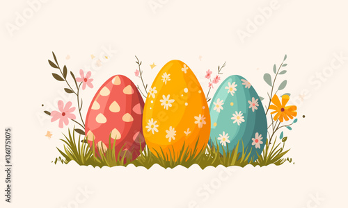 Colorful easter eggs with floral designs in grass - spring celebration vector
