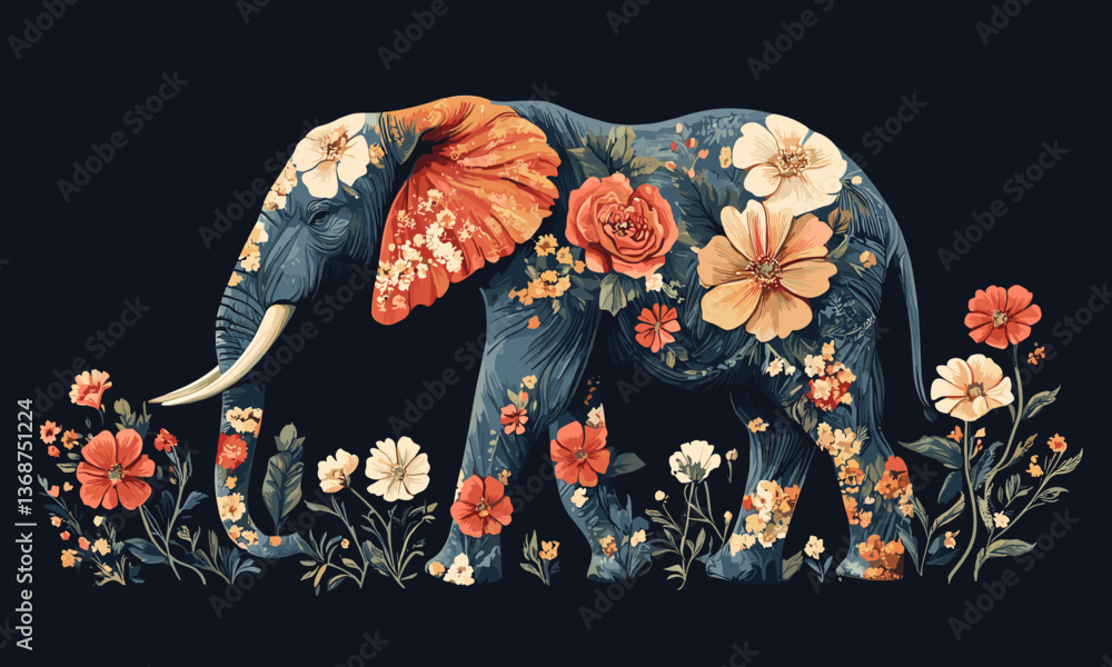 Floral elephant with colorful botanical patterns on dark background, vector