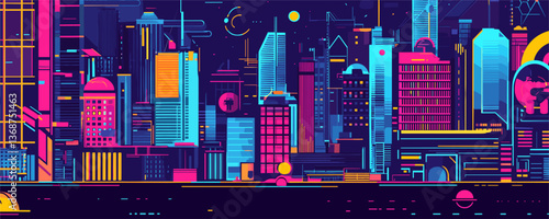Futuristic neon cityscape with abstract skyscrapers at night vector