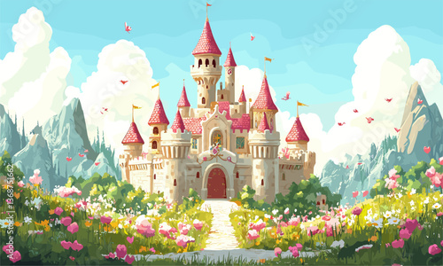 Enchanting fairytale castle surrounded by vibrant flowers and lush mountains - vector