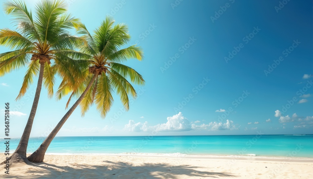 Fototapeta premium Tropical beach scene with palm trees under clear sky. Sunny day at ocean shore. White sand, turquoise water creating a vacation mood. Summer travel, holiday destination, relaxation, paradise.