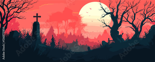 Spooky graveyard at sunset with full moon and silhouetted trees - vector