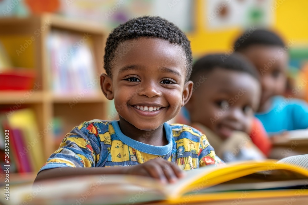 American and African boys are reading together with happiness in their kindergarten classroom, kid education concept American and African boys are reading together with happiness in their kindergarten classroom, kid education concept