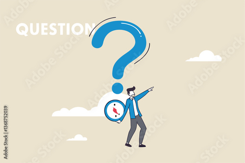 Open ended question, asking questions to encourage new idea, guidance for solution or solving problem, decision to reply or answer concept, businessman with question mark compass guidance for answer.