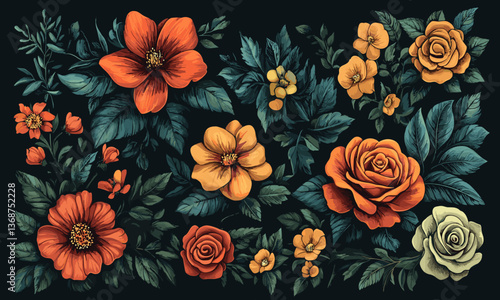 Vibrant botanical arrangement with roses and leaves on dark background vector