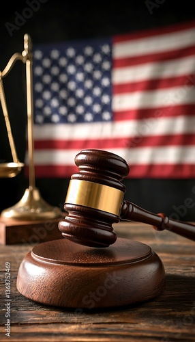 Justice Scales & Gavel on Wooden Table