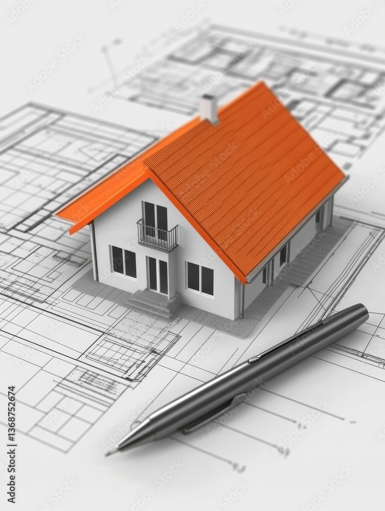 Atop the architectural blueprints sits a miniature model of a house Atop the architectural blueprints sits a miniature model of a house