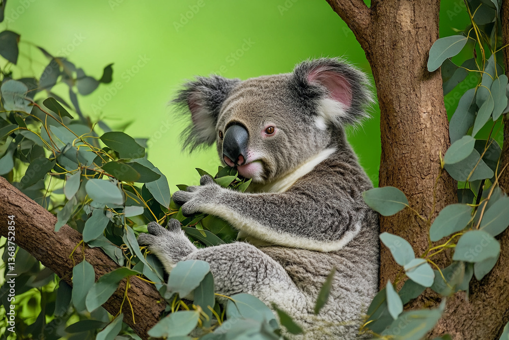 Obraz premium Koala resting on a tree branch surrounded by lush green leaves in a serene setting