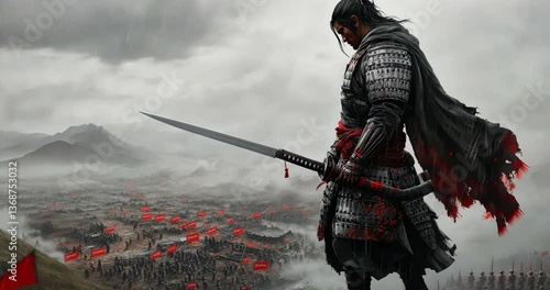 Ancient Warrior's Vigil: A stoic samurai stands guard, his gaze fixed upon the misty battlefield below, embodying strength, honor, and unwavering resolve.