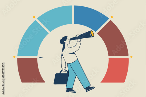 Marketing strategy, data analysis chart and graph, financial forecast or stock market diagram, research data or investment planning concept, businessman on pie chart looking thorough binoculars.