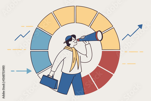 Marketing strategy, data analysis chart and graph, financial forecast or stock market diagram, research data or investment planning concept, businessman on pie chart looking thorough binoculars.