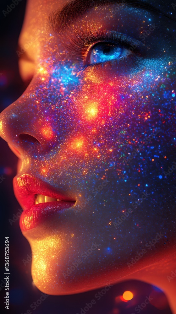 Captivating cosmic makeup art enhances facial features under colorful lighting at a creative photoshoot in a modern studio Captivating cosmic makeup art enhances facial features under colorful lighting at a creative photoshoot in a modern studio