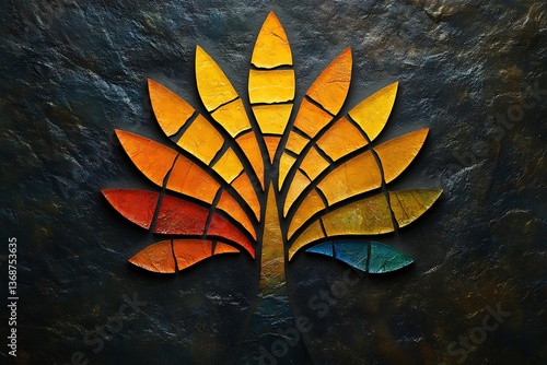 A stylized representation of a colorful leaf design on a dark background