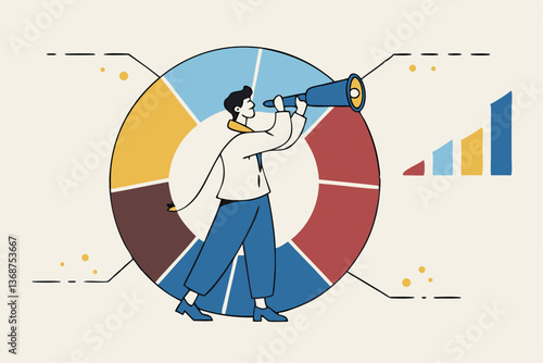 Marketing strategy, data analysis chart and graph, financial forecast or stock market diagram, research data or investment planning concept, businessman on pie chart looking thorough binoculars.