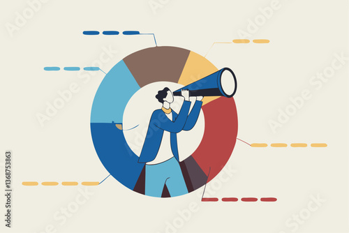 Marketing strategy, data analysis chart and graph, financial forecast or stock market diagram, research data or investment planning concept, businessman on pie chart looking thorough binoculars.