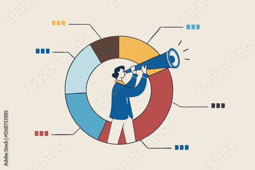 Marketing strategy, data analysis chart and graph, financial forecast or stock market diagram, research data or investment planning concept, businessman on pie chart looking thorough binoculars.