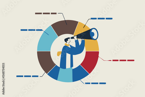 Marketing strategy, data analysis chart and graph, financial forecast or stock market diagram, research data or investment planning concept, businessman on pie chart looking thorough binoculars.