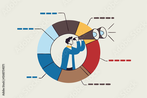 Marketing strategy, data analysis chart and graph, financial forecast or stock market diagram, research data or investment planning concept, businessman on pie chart looking thorough binoculars.