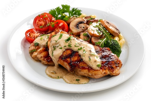 Grilled chicken breast with creamy mushroom sauce, cherry tomatoes, broccoli and pasta on a white plate. Studio food photography. Homemade dinner and comfort food concept. Design for poster, print
