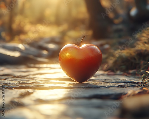 Heart-shaped fruit on forest path at sunset.
